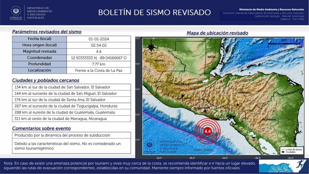 El MARN registró un sismo de 4.4 en las primeras horas del 2024