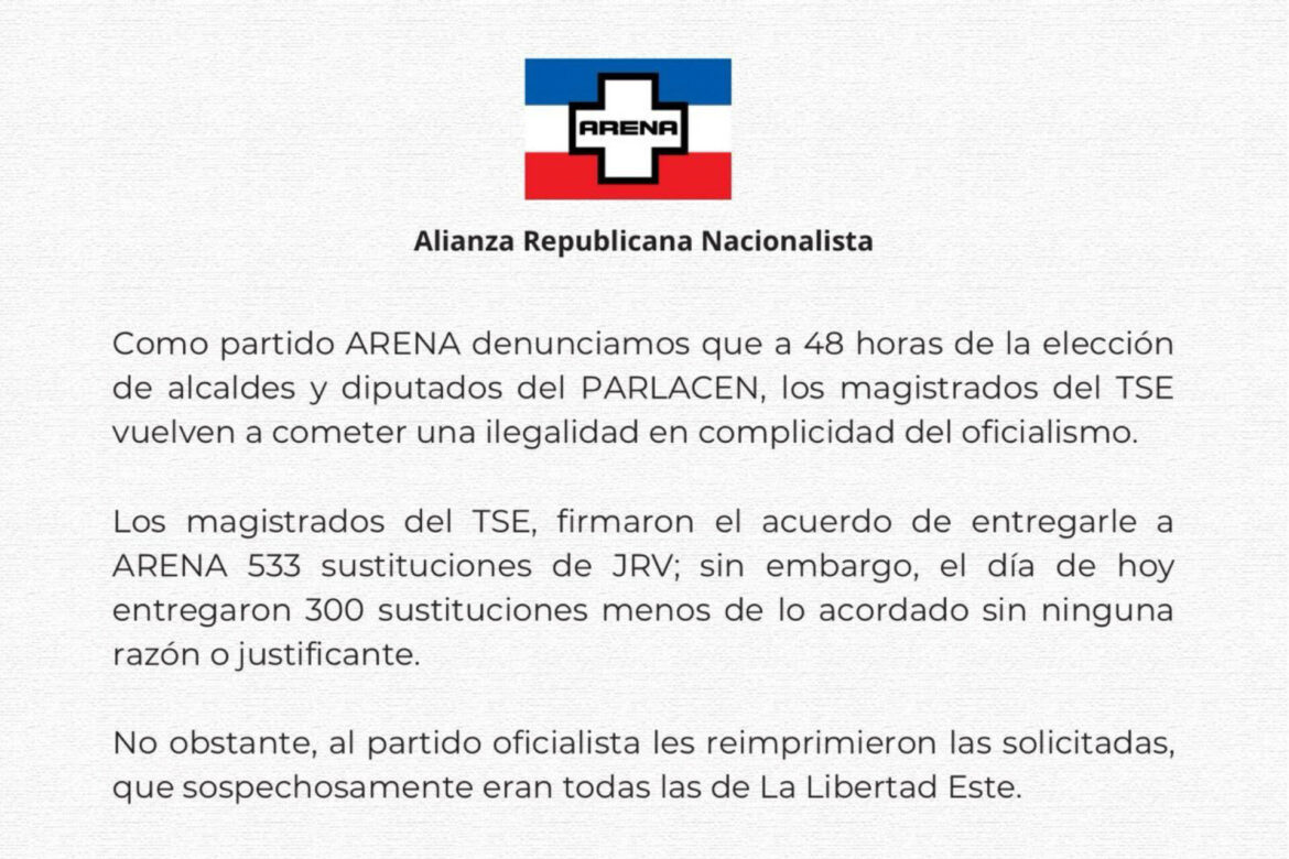 ARENA dice no les han sido entregadas 300 credenciales para miembros de las JRV