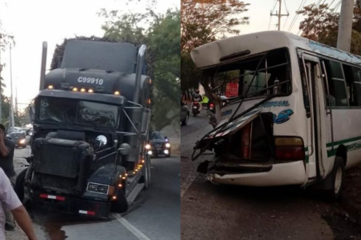 Varios lesionados en choque entre rastra y microbús en Olocuilta
