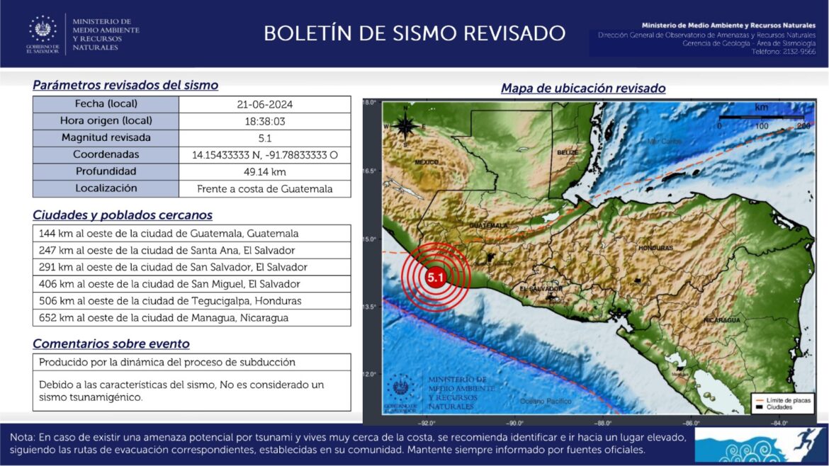 MARN registra sismo magnitud 5.1 frente a la costa de Guatemala