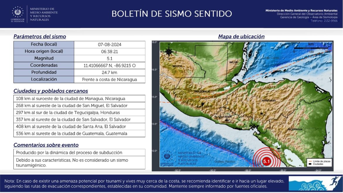 Sismo magnitud 5.1 frente a costa de Nicaragua