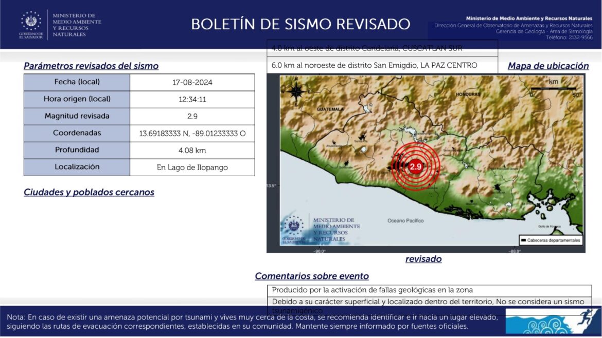 Sismo magnitud 2,9 en el lago de Ilopango