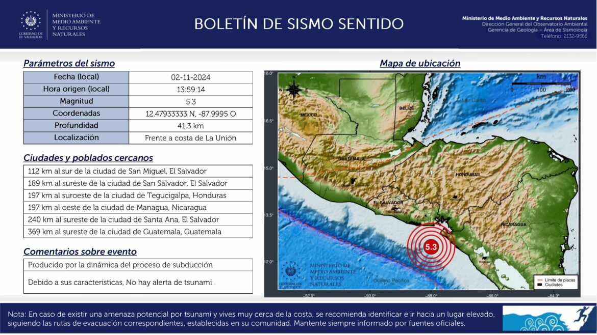 Sismo de magnitud 5.3 se registró frente a la costa de La Unión