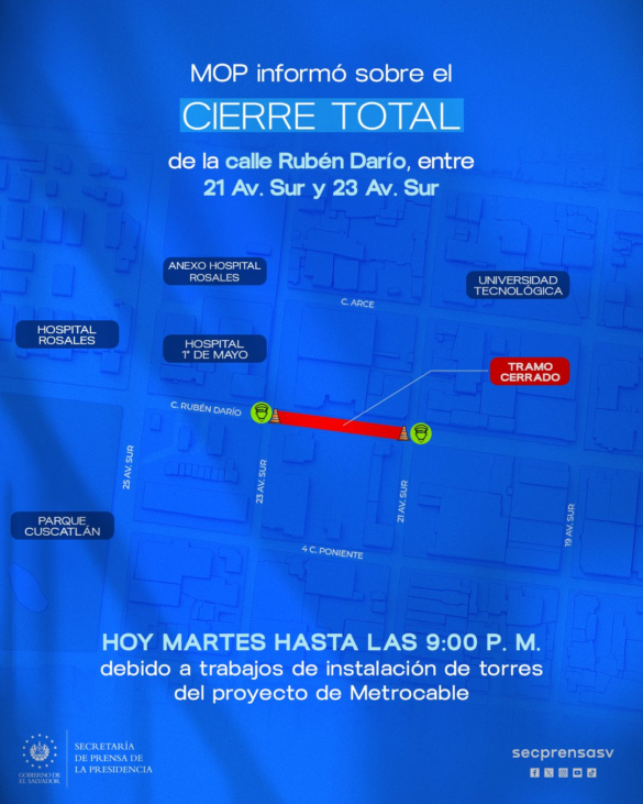 MOPT mantendrá cierre total en la calle Rubén Darío por instalación de torres del Aerocable