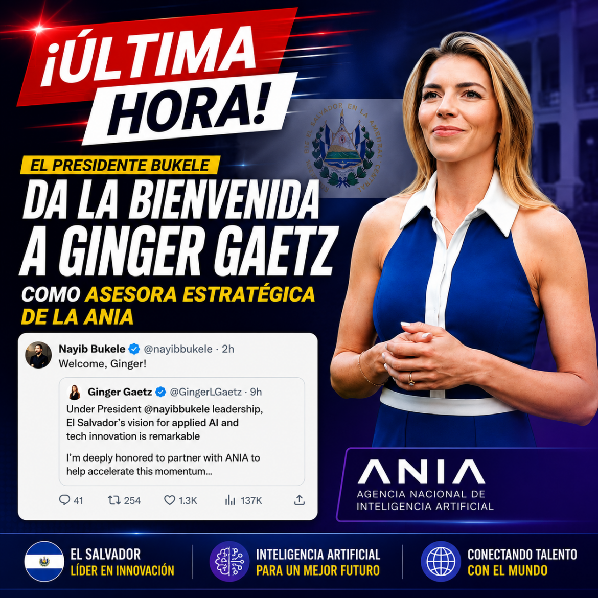 Presidente Bukele da la bienvenida a Ginger Luckey Gaetz como asesora estratégica de la ANIA